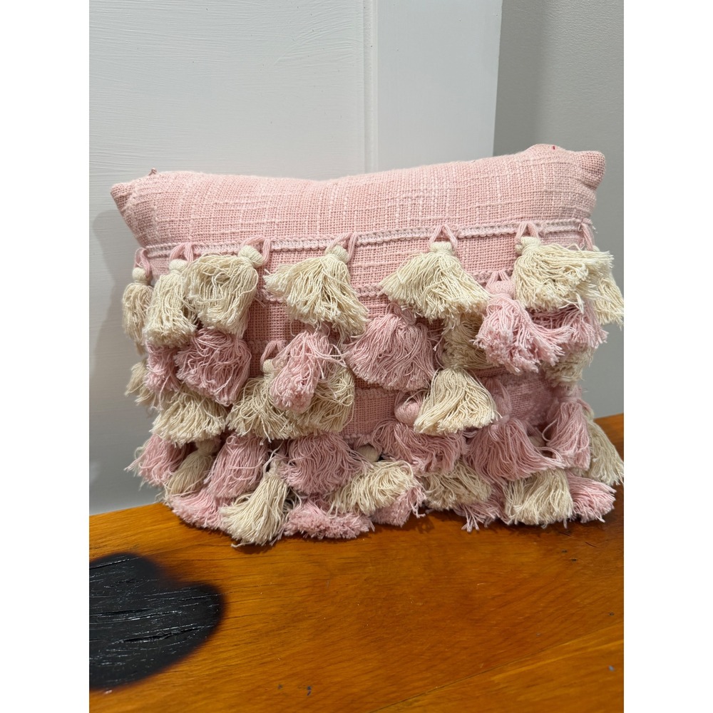 Boho Pink Woven Tassel Throw Pillow Cream Fringe Lumbar Decorative Accent 12x9